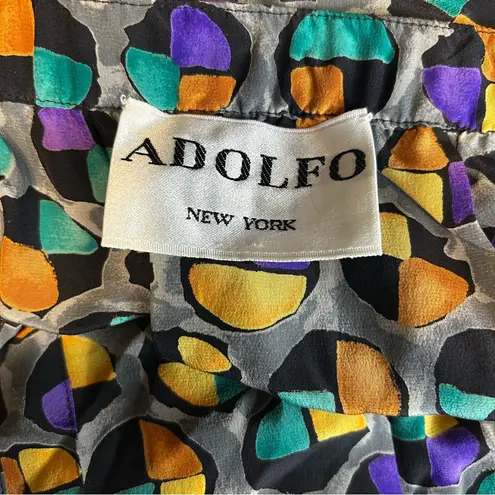 Vintage Adolfo Saks Fifth Avenue Pleated Silk Skirt Grey Gold Teal Dots Small Gray