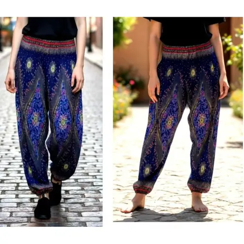 Harem Pants One Size Navy Multicolors Cosmic Stretch Waist Yoga Exercise READ Blue - Image 3