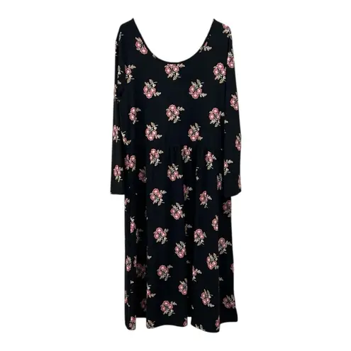 Old Navy  Black Floral Print Fit & Flare Scoop Neck Long Sleeve Midi Dress XXL