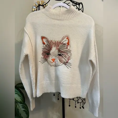 Anthropologie Moth Wool Blend Cat Sweater Miaou Turtleneck Size Medium Embroider White