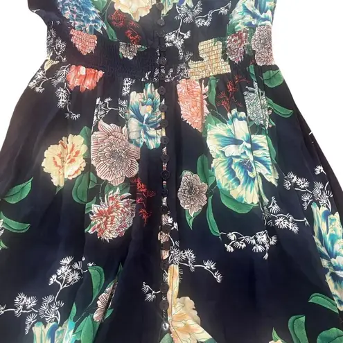Floral Maxi Women Size Small V Neck Short Sleeve Smock Waist Spring Boho Prairie Blue