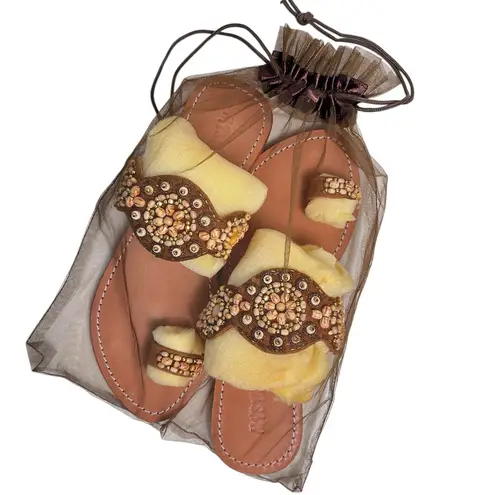 Mystique Boutique Mystique NEW Beaded Tan Leather Loop Slip On Sandals Size 10 Boho Chic Summer