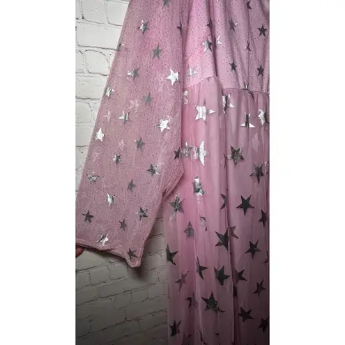 X Plus Wear Pink Silver Star Tulle Mesh Maxi Dress Long Sleeve V Neck Plus SZ 4X