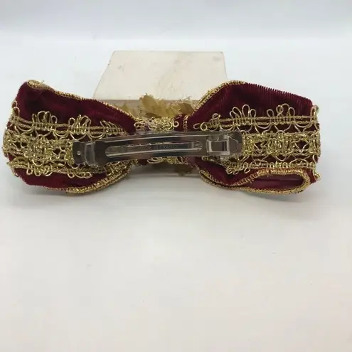Velveteen Bow Barrette Gold Burgundy Vintage 1980s Red