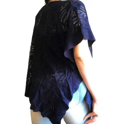 New York And Company  Poncho Top Navy Crochet Knit Lagenlook Boho Beach Cover Up