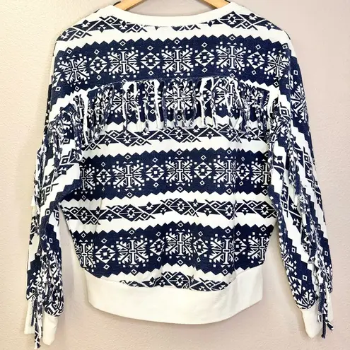 Cotton Citizen Nordic Print V Neck Fringe Detail Pullover Navy Blue