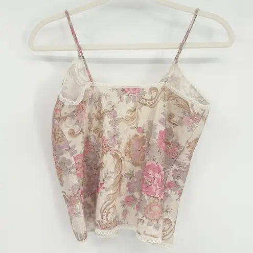 Escapades Womens Vintage 90s Lingerie Coquette Floral Lace Trim Cami Top Size S Tan