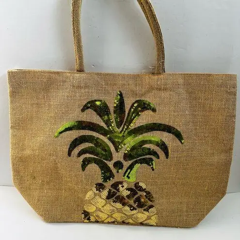 Jute Bon Voyage Beach Sequin Pineapple Beach Travel Tote Bag Vacation Tan NWT