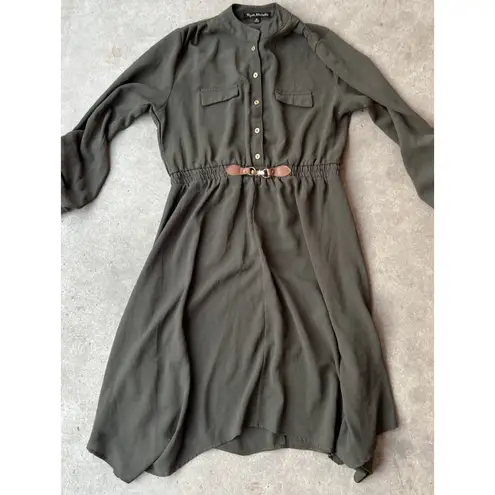 Ryan Michelle Long Ample Green Olive Dress with Gold Buttons + Belt Women’s Sz M Size M