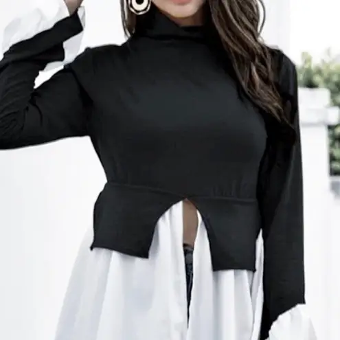 NWT, Lavishly Paris Women’s Mock Neck Two Tone Ruffle Hem Sweater Black