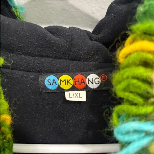 100% Wool Jacket Chunky Pixie Hood Knit Unisex Boho Fleece Lined Warm Cardigan Yellow Size L