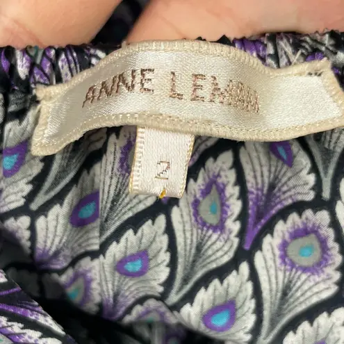 Anne Leman Black Purple Peacock Feather Print Strappy 100% Silk Flowy Dress Size 2