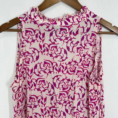 Roma Sleeveless Dress Pink Floral Print Ruffle Trim Tiered Boho Chic Lenzing Size L