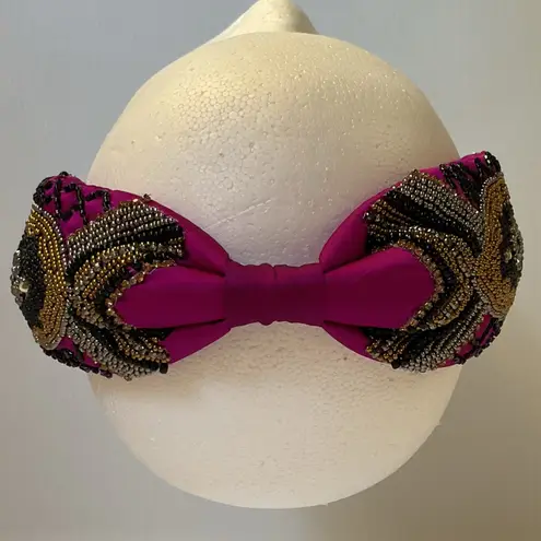 Mexican Beaded Padded Headband Fuchsia Turban Style Boho Embroidered Accessory Black