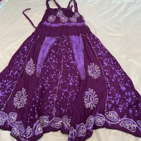 SR fashion free size purple flowered boho flowy embroidered tie back dress EUC