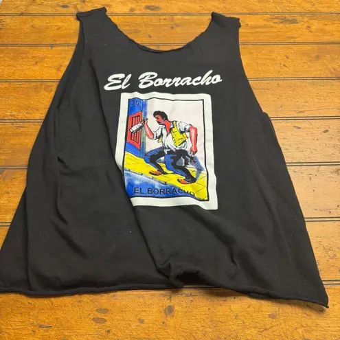 El Borracho Loteria Graphic Tank Top Black Sleeveless Cut Off Size L