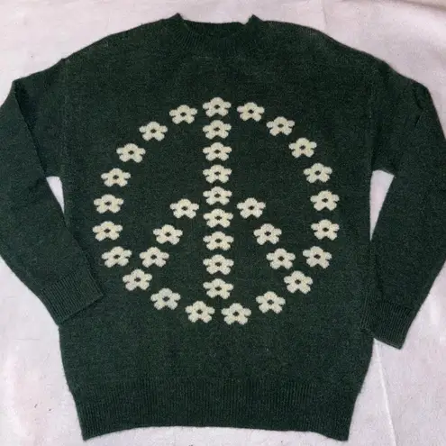 Witty Fox Green Peace Sign Floral Knit Sweater Young Contemporary Size S