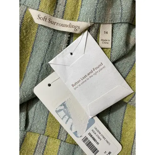 Soft Surroundings Caldera Linen Blend Pants High Waisted Aqua Stripe Size 14