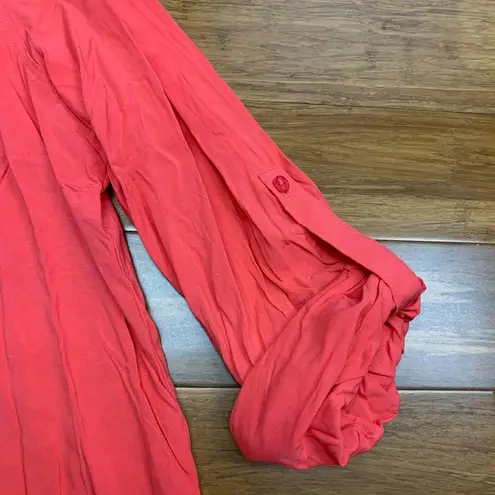 Skies Are Blue Curvy Button Down Top Women 1X Pink Roll Tab Sleeve Pocket Blouse