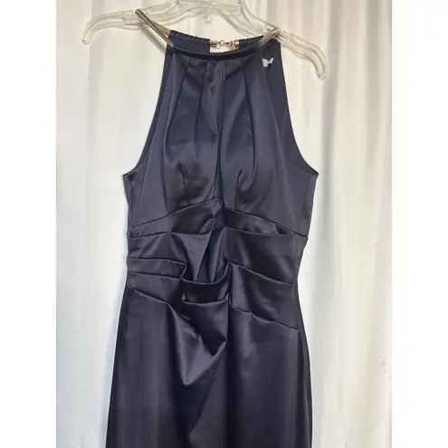 Eliza J Blue Satin Sleeveless Halter Dress With Gold Chain Detail & Back Zipper