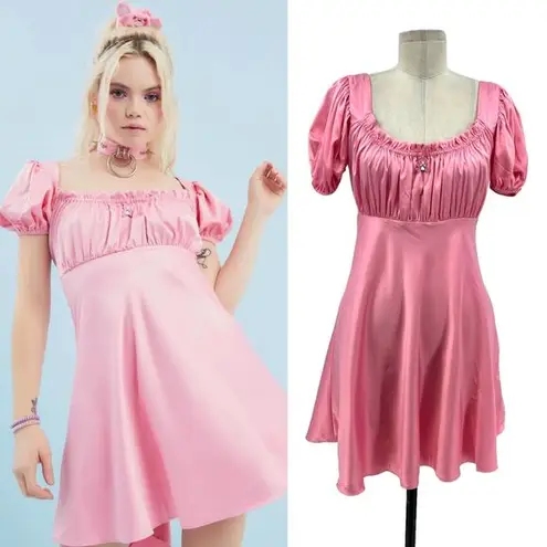 Dolls Kill  x Care Bears Here to Cheer Mini Dress Pink Satin Babydoll Size Large