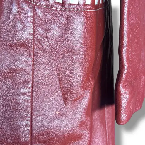 Vintage 70s Burgundy Leather Longline Trench Coat White Whipstitch Western Ranch Red