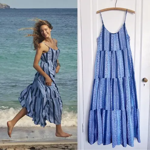 Roller Rabbit • Anthropologie Dakota Cover-Up Maxi Dress blue stripe tiered
