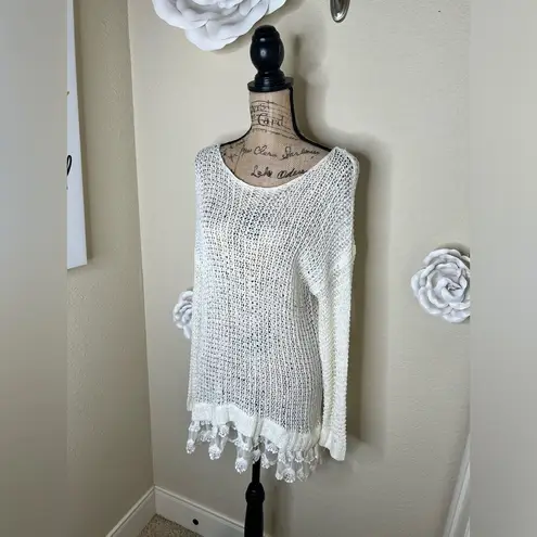 Entro NTM: Open Weave Knit Crochet Layered Lace Cream Tunic Sweater Sz M