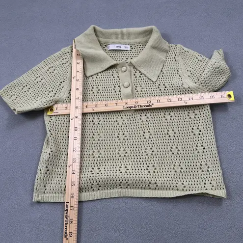 MNG Mango Womens Open Knit Cropped Polo Top S Beige Crochet Short Sleeve Button Tan