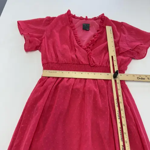 Gabby Skye Dress Womens 4 Pink Ruffle Midi Sheer Polka Dot Smocked Waist Mesh