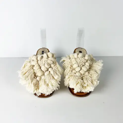 Zara Basic Crochet Knit Tassel Fringe Pom Pom Open Toe Block Heel Sandals Shoes