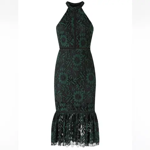 Alexia Admor Sleeveless Midi Dress Dark Green Black Lace Ruffles Lacy Mermaid L