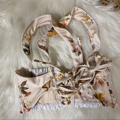 Power 2 the Flower Pale Pink Lace Up Floral Frosty Jane Bikini Swim Top Size XS