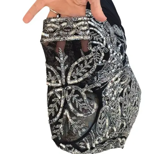 Frock & Frill‎ Mesh Embellished Bodice Pencil Dress Low Back Black Beaded Sz 4