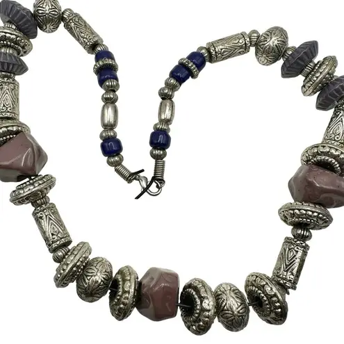 Handmade Mix Media Artisan Silver and Purple Bead Chunky Statement Boho Necklace