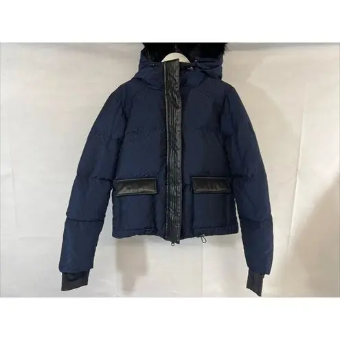 NEW Small Blanc Noir Jacquard Hooded Puffer Jacket Faux leather Shoulder strap Blue