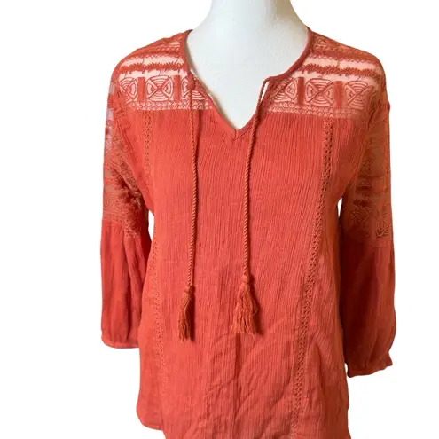 Garnet Hill Rust Orange Lace Shoulder Poet Blouse Size 2 Boho Bohemian Peasant