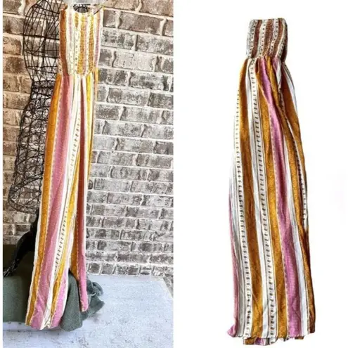 Peach Love California Jumpsuit Large Romper Strapless Smock Wide Legs H…