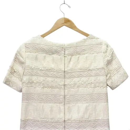 Vintage Cream Brocade Sheath Dress 60s Mod Texture Short Sleeve Shift Size Small White