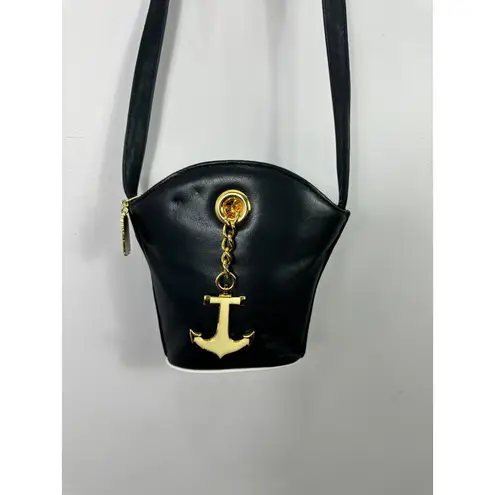 Vintage Harrods Black Anchor Chain Crossbody Bag Nautical Gold Charm 80s 90s