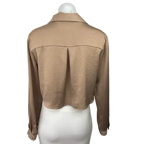 ZARA  Beige Satin Long Cuffed Sleeve Lapel Collar Button Up Cropped Shirt Top S