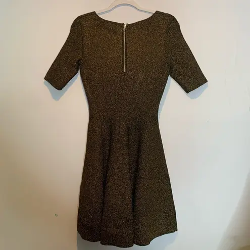 Milly  Metallic Double Knit Dress Bronze Skater Skirt V-neck Gold Black