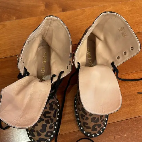 Stuart Weitzman  Sondra Leopard Cheetah Suede Leather Combat Boots US 6.5 - EU 37