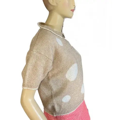 VINTAGE 1980'S ANDENE BEIGE & CREAM POLKADOT SILK BLEND SHORT SLEEVE SWEATER (M) Tan Size M