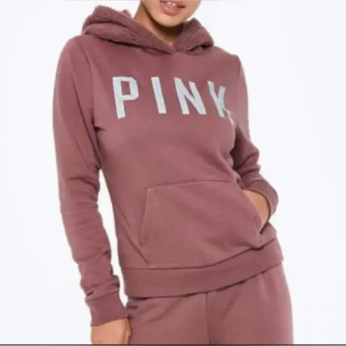 Victoria's Secret Pink Medium Rose Pink Hoodie Sweatshirt Glitter Font Sherpa Top