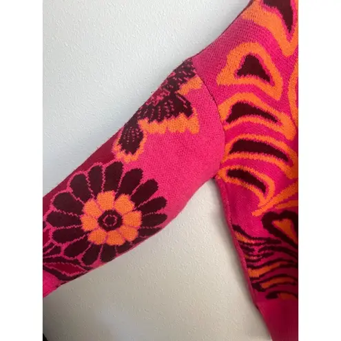 Farm Rio  Cutout Asymmetrical Knit Bold Pink Floral Turtleneck Wool Blend Sweater