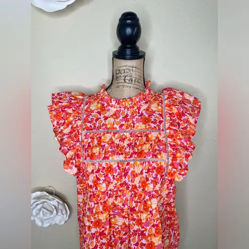 Entro NTM: Sunset Dream Mock Neck Ruffle Sleeve Babydoll Orange & Pink Top Sz M