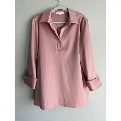 Preston & York Women's Cosmo Pink Tunic Top Collared Roll Tab Sleeves Size L