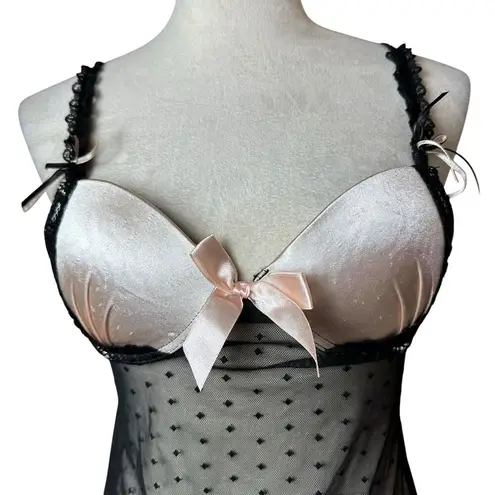 Flora’s Follies Babydoll Lace Bow Cami Black & Pink Sheer Padded Lettuce Hem