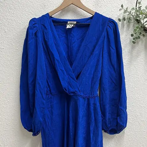 Vintage Blue  Silk Wrap Dress Size 8 Long Sleeve Paisley Pattern Balloon Sleeve